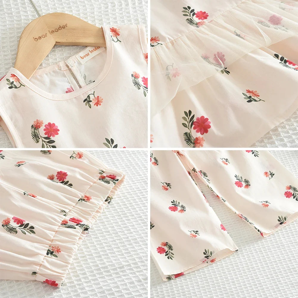 Costume décontracté pour filles, imprimé floral Beige, nouveau gilet plissé à col rond + pantalon à jambes larges, ensemble quotidien pour enfants de 3 à 7 ans, été