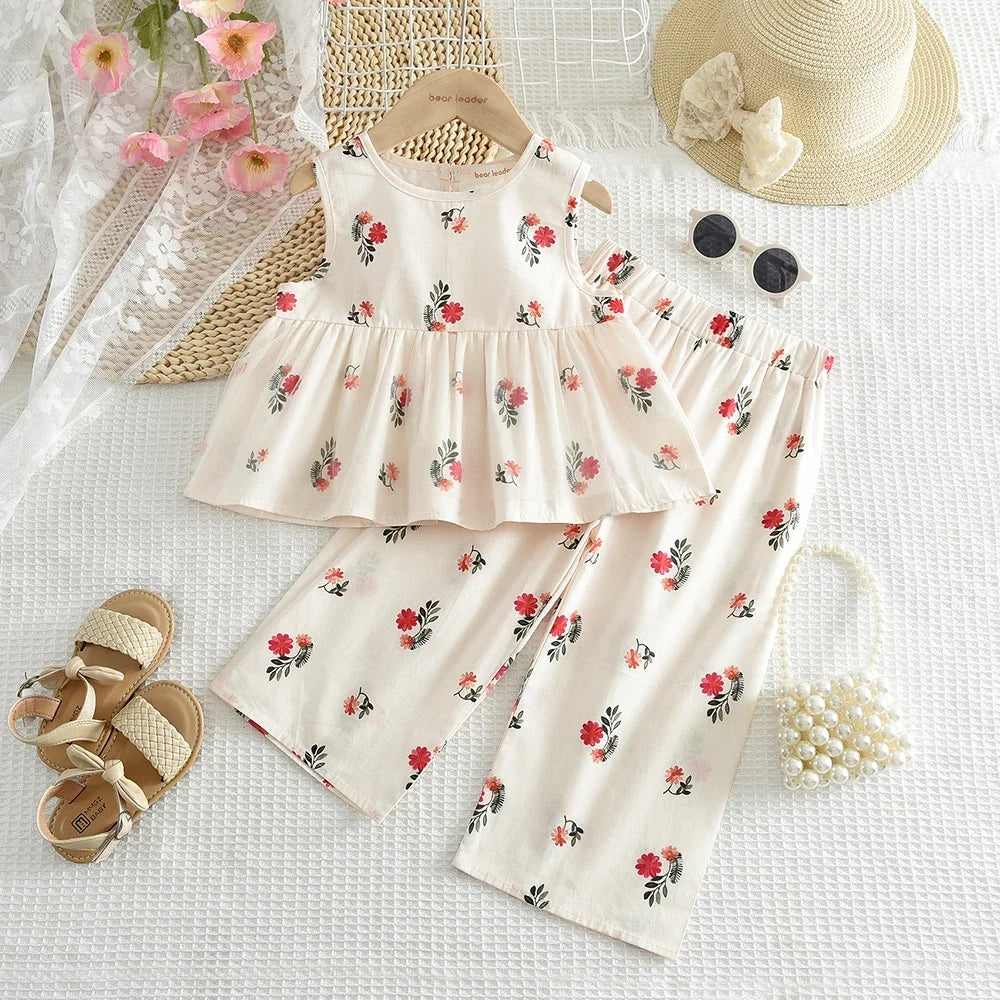 Costume décontracté pour filles, imprimé floral Beige, nouveau gilet plissé à col rond + pantalon à jambes larges, ensemble quotidien pour enfants de 3 à 7 ans, été
