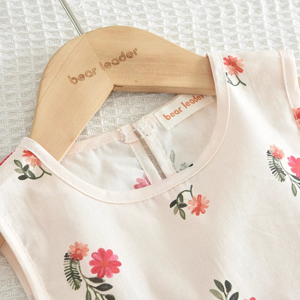 Costume décontracté pour filles, imprimé floral Beige, nouveau gilet plissé à col rond + pantalon à jambes larges, ensemble quotidien pour enfants de 3 à 7 ans, été