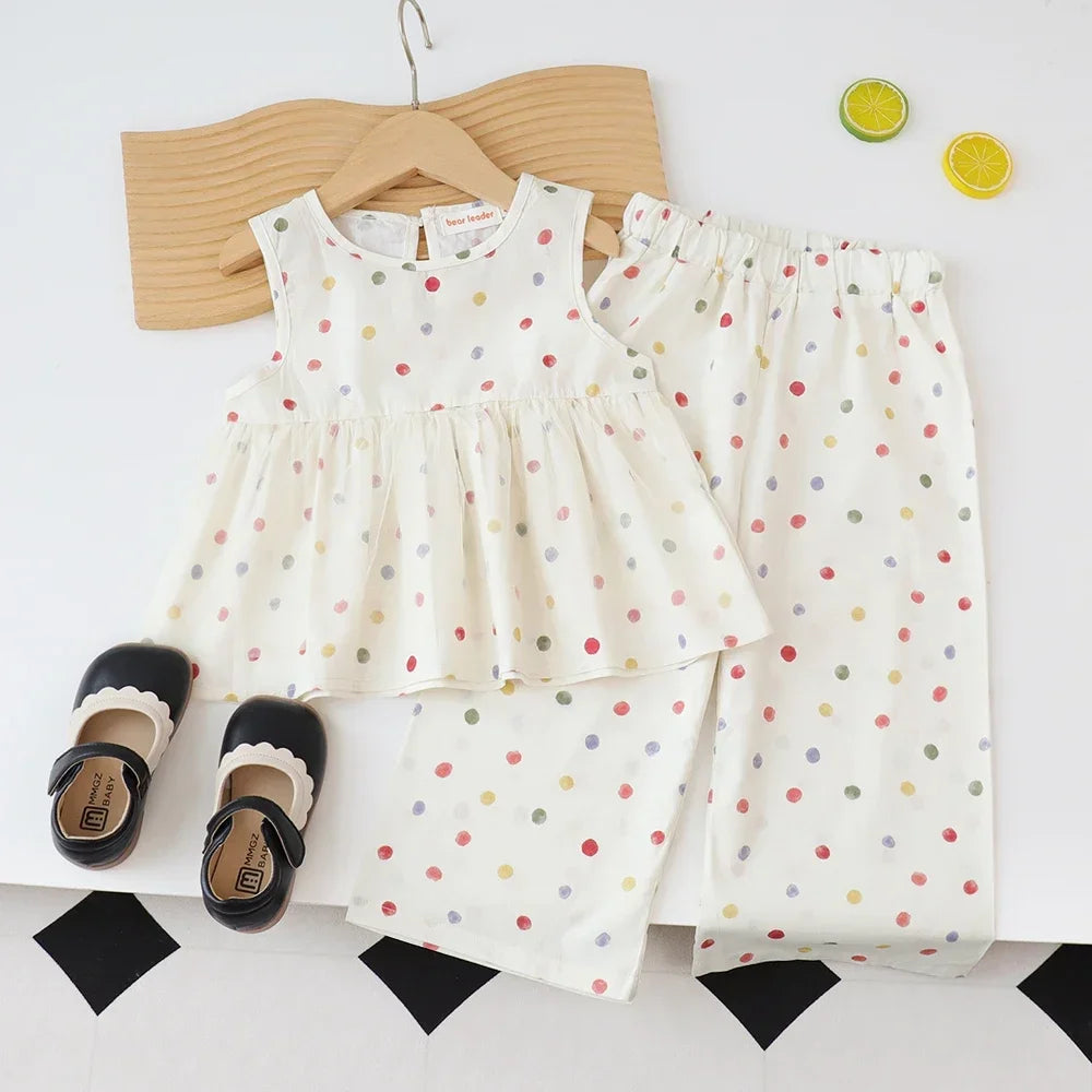Costume décontracté pour filles, imprimé floral Beige, nouveau gilet plissé à col rond + pantalon à jambes larges, ensemble quotidien pour enfants de 3 à 7 ans, été