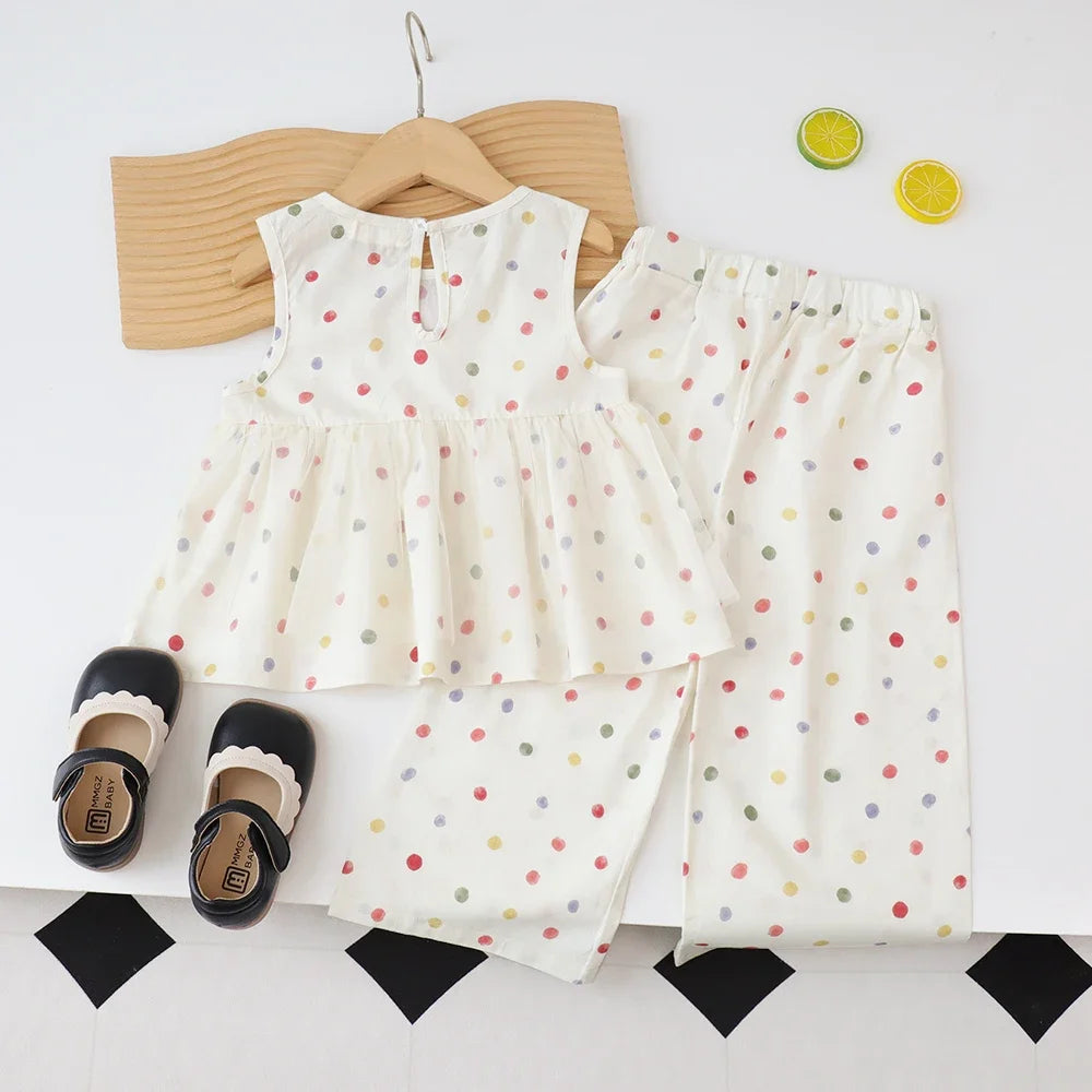 Costume décontracté pour filles, imprimé floral Beige, nouveau gilet plissé à col rond + pantalon à jambes larges, ensemble quotidien pour enfants de 3 à 7 ans, été