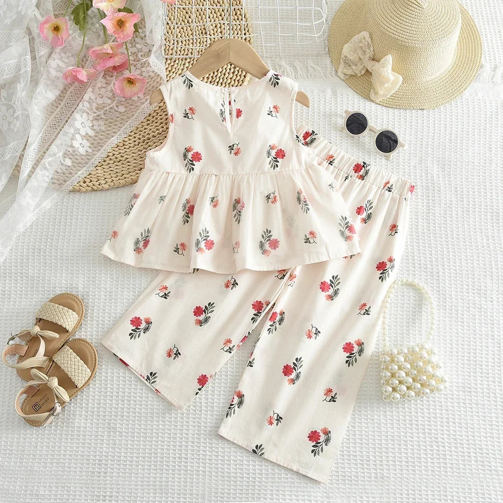 Costume décontracté pour filles, imprimé floral Beige, nouveau gilet plissé à col rond + pantalon à jambes larges, ensemble quotidien pour enfants de 3 à 7 ans, été